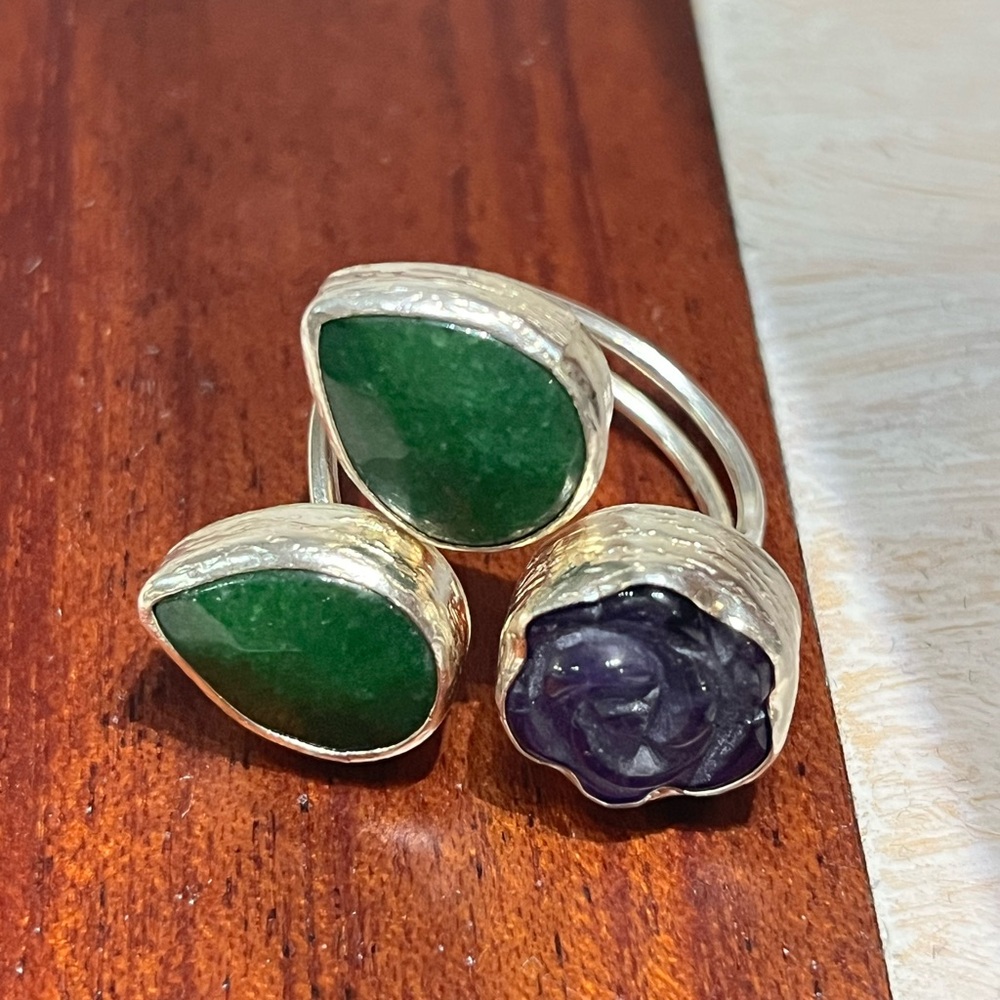 Toosis 925 Amethyst Rose Cut with jade drops size 9